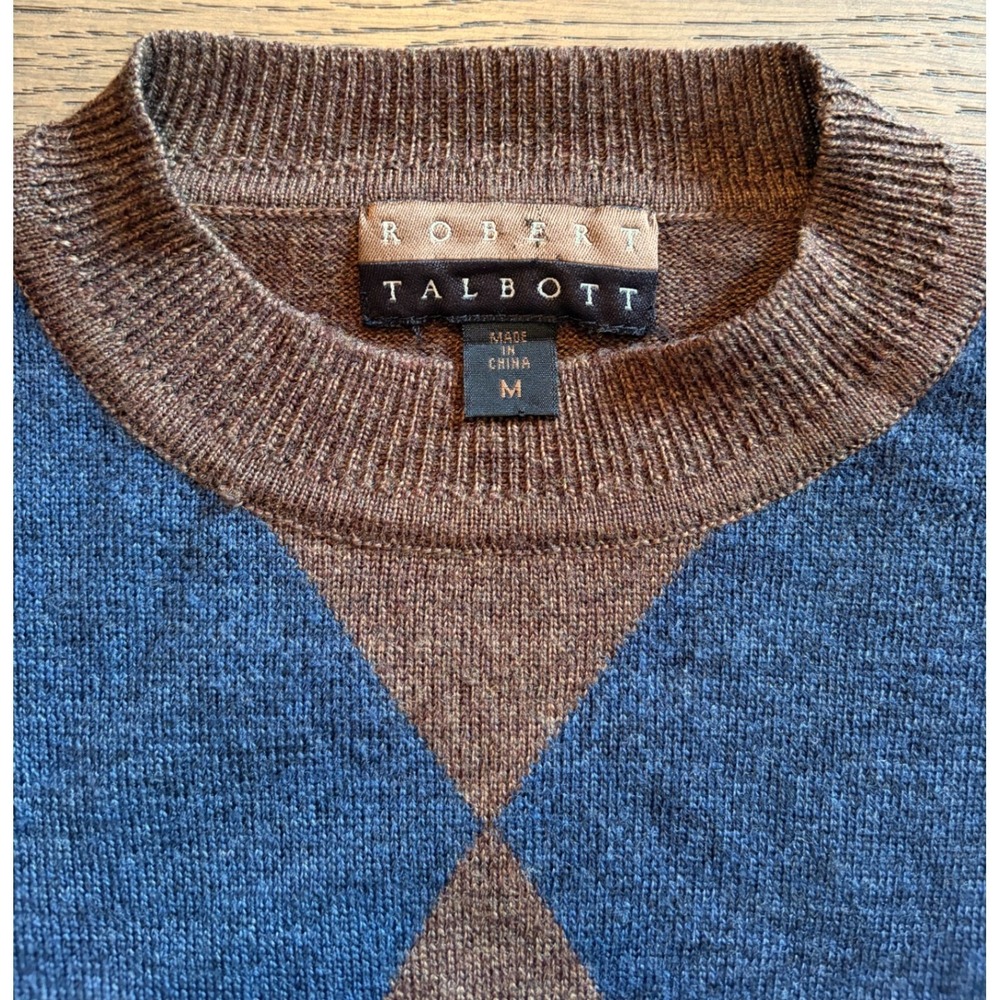 Robert Talbott Mens Argyle Crewneck Sweater Brown Blue Black Size M - Picture 2 of 9